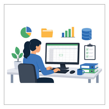 Female Data Entry Specialist Working on Spreadsheet - Office Desk Vector Illustration of Database Management and Analytics