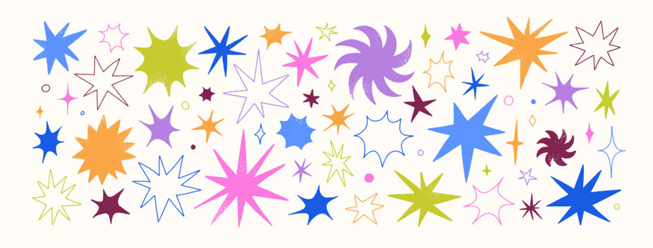 Star, spark shapes, vector sparkle icons. Doodle elements, twinkle figure stickers. Color graphic star elements for kids. Cute irregular funky sparks, pointy spiky shapes. Flat vector illustration set