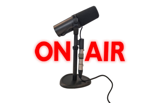 Podcast microphone and logo "ON AIR" isolated on white background