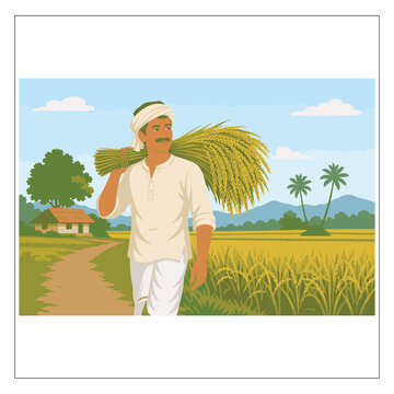 South Asian Rural Farmer Carrying Golden Paddy Rice Sheaf Vector - Village Agriculture Paddy Harvest Landscape Illustration