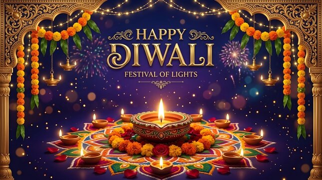 Happy Diwali Festival of Lights Greeting Card with Golden Typography, Glowing Diya, Colorful Rangoli and Marigold Decorations