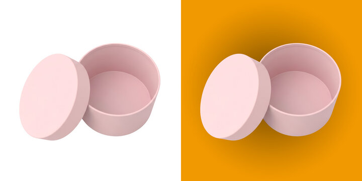 Open empty light pink round paper box mockup for gift packaging design