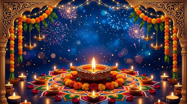 Grand Diwali Festival Celebration with Glowing Traditional Diyas, Colorful Rangoli, Marigold Garlands and Fireworks Background