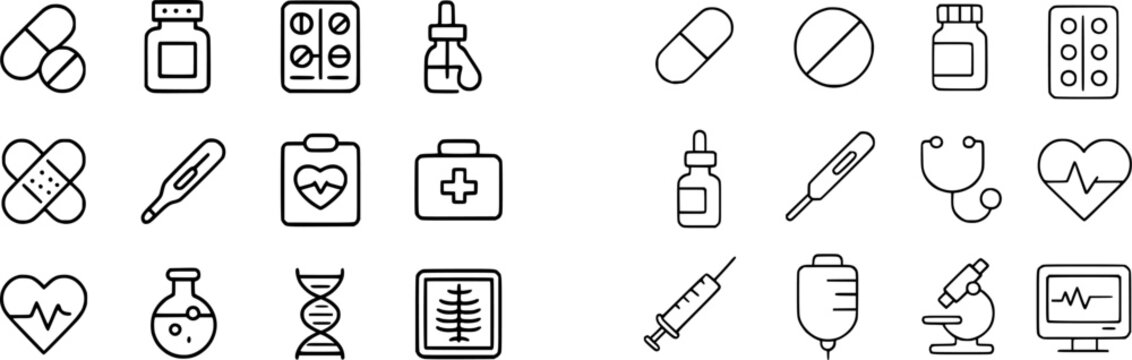 The image features various medical icons, including a pill bottle, thermometer, first aid kit, and DNA strand, all set against a black background with white outlines