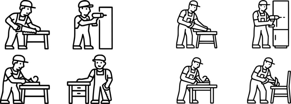 A construction worker is assembling furniture with precision in a well-lit workshop