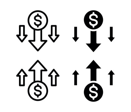 Collection of upward and downward financial trend icons with dollar signs and arrows
