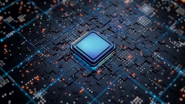 Microprocessor cpu chip on circuit board with glowing blue light technology background