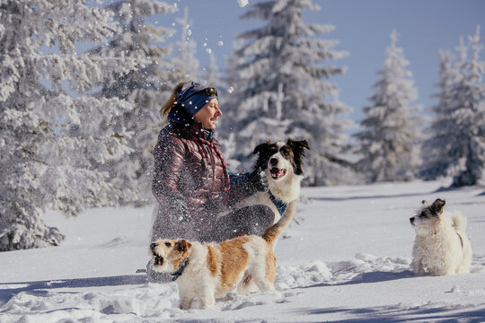 Woman with dogs playing outdoors in winter in great snow. 