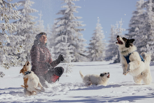 Woman with dogs playing outdoors in winter in great snow. 