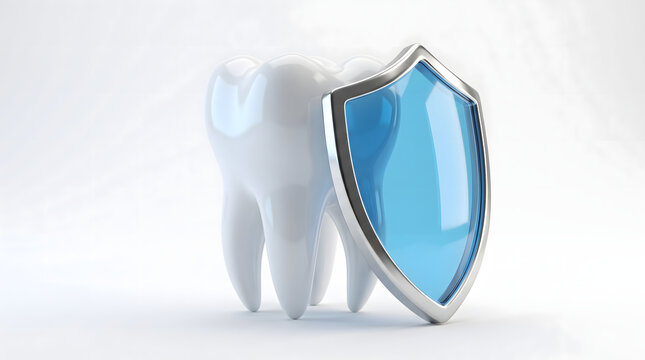 This 3D render illustrates a pristine white tooth safeguarded by a prominent blue shield, symbolizing robust dental protection. It represents comprehensive oral care, strong enamel defense, and eff...