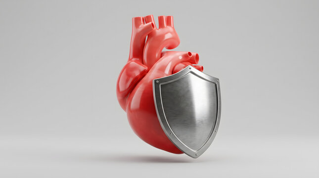 Anatomical human heart model featuring a metallic silver shield, symbolizing cardiovascular health, protection, and disease prevention. This powerful visual metaphor represents medical care, health...