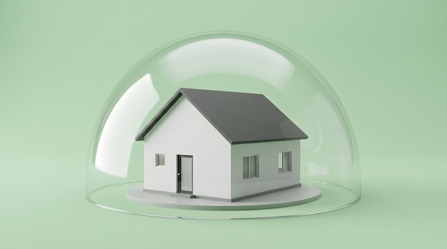 Minimalist illustration of a house under a clear glass dome, symbolizing comprehensive protection and security for home and property. Ideal for concepts of real estate insurance, safe investments,...