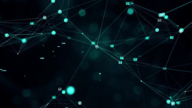 Digital network connection background animation with glowing nodes and tech communication icons