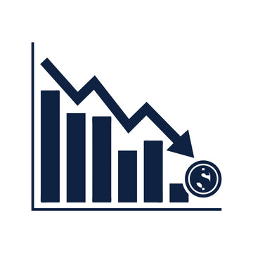 Siluet flat vector illustration of a falling exchange rate graph with descending bars, arrow and coin in solid dark navy on a plain white background