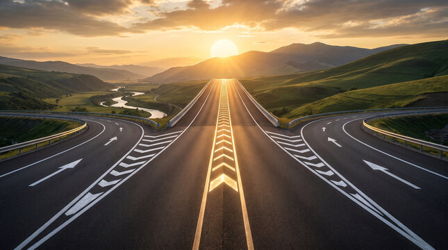 Asphalt road splits into different directional paths under bright sunrise, symbolizing strategic decision making and business leadership forward