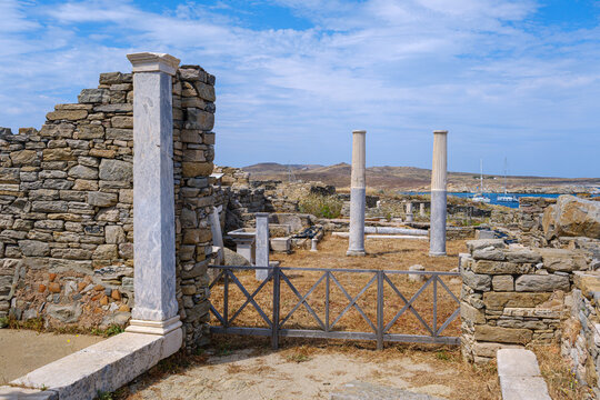 Delos archaeological site ruins with columns, Greece