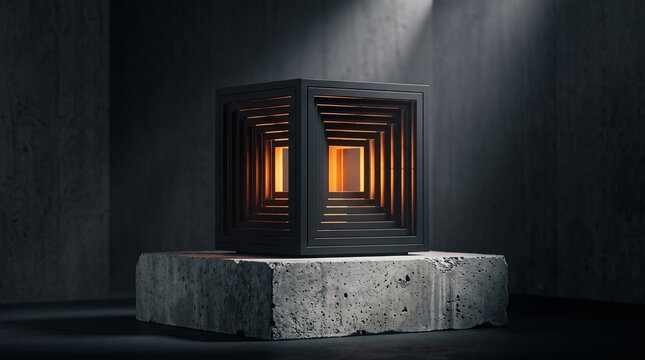 Futuristic abstract black cube with glowing orange core on a rough stone pedestal in dark cinematic lighting