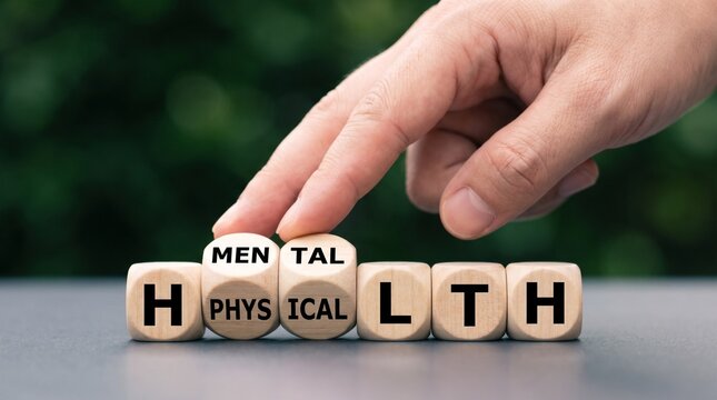 A hand arranges wooden blocks spelling 'HEALTH' with 'MENTAL' and 'PHYSICAL' highlighted on two of the cubes symbolizing the importance of holistic well-being and the balance between mental and