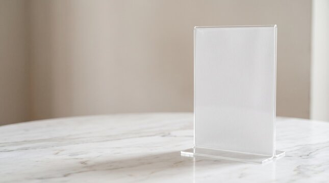 Blank clear acrylic table sign stand mockup on marble table with copy space