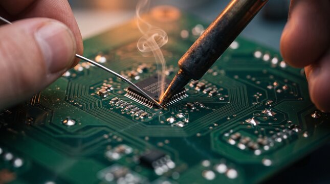 Close-up of a professional technician performing intricate electronic circuit board repair using a soldering iron and wire solder