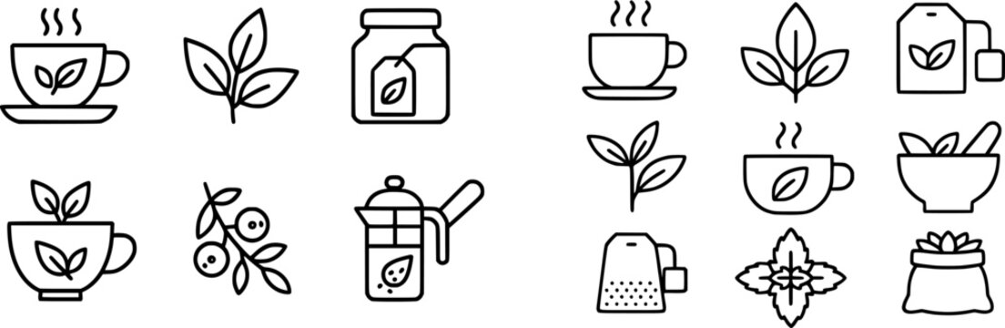 A serene tea setup featuring steaming cups, fresh leaves, a jar of loose tea, and a French press, all set against a minimalist backdrop