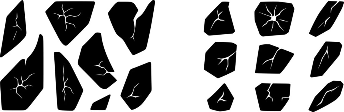 The image depicts a collection of black, triangular shapes with intricate patterns on a white background, creating an abstract and visually striking composition