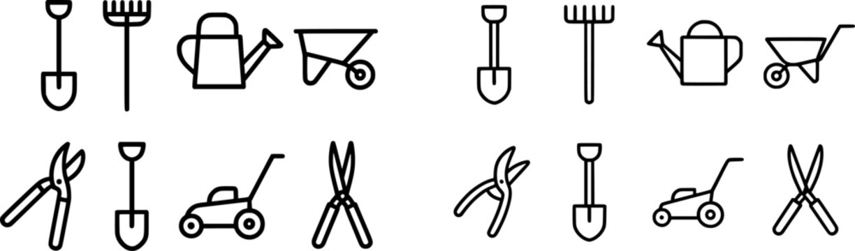 A well-organized garden with various tools like a shovel, rake, watering can, wheelbarrow, trowel, lawn mower, and shears neatly arranged on the ground