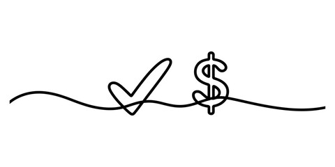 Continuous line drawing of a check mark and a dollar sign symbol representing financial success and profit on a plain white background illustration © Sreemoti