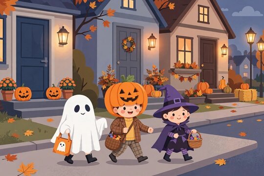 Children in Halloween costumes trick-or-treating on a decorated autumn street