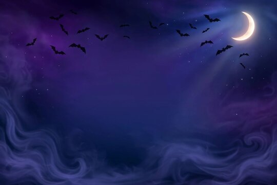 Halloween night sky background with crescent moon, bats and mist