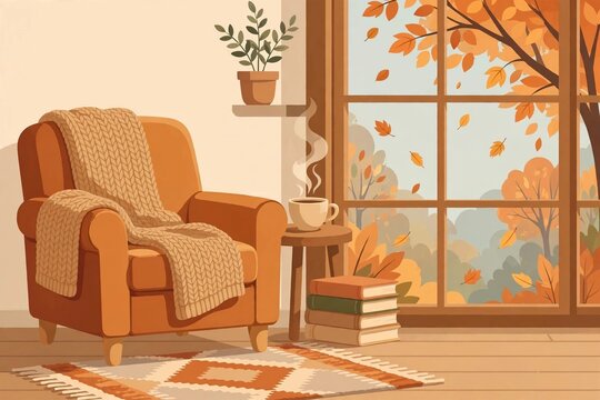 Cozy autumn reading nook with armchair, books and window view of fall leaves