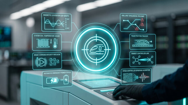 High-tech security terminal with holographic interface analyzing maglev train propulsion signals, risk maps, and system status in a futuristic control room