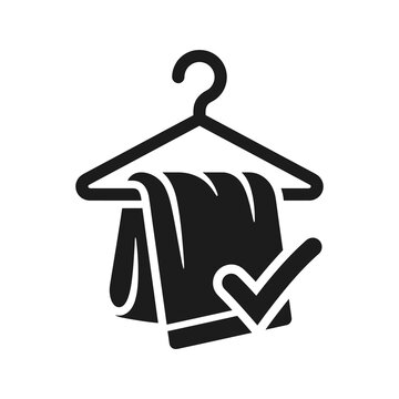 Black and White Icon of a Clothes Hanger with Fabric and a Check Mark Symbol