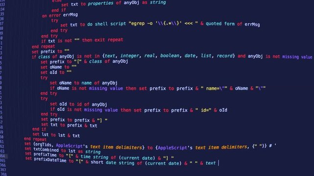 Programming code scrolling on blue computer screen. Script code editor, software developer background