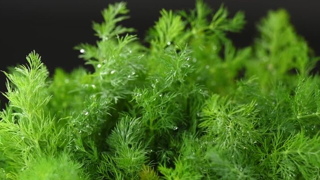 Dill aromatic fresh herbs. Bunch of fresh green dill close-up, rotating on black background, condiments. Vegetarian food, organic. Bunch of Anethum graveolens macro shot, slow motion. 