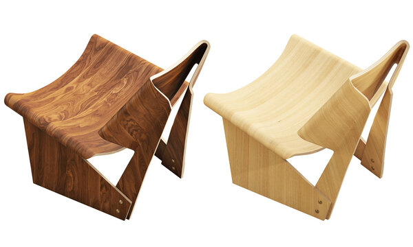 Two sculptural wooden chairs with curved plywood seats and angular bent legs, shown in dark walnut and light natural wood finishes, 3D render isolated on a transparent background.