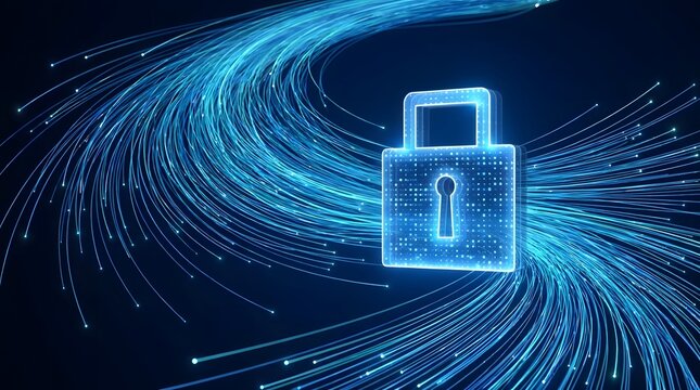 Glowing Padlock with Swirling Digital Data Streams Cybersecurity Concept