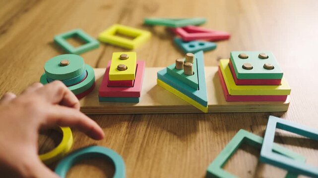Hands place geometric shapes into a wooden shape sorter, demonstrating a hands-on activity for shape recognition and fine motor practice.

