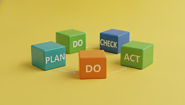 Circular arrangement of colorful cubes representing the plan do check act management cycle sits on a bright yellow office surface.