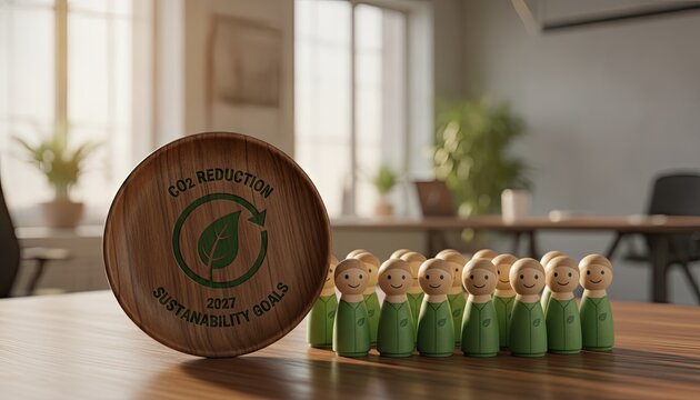 Wooden disc showing carbon dioxide reduction sustainability goals stands next to small figurines representing a green workforce.