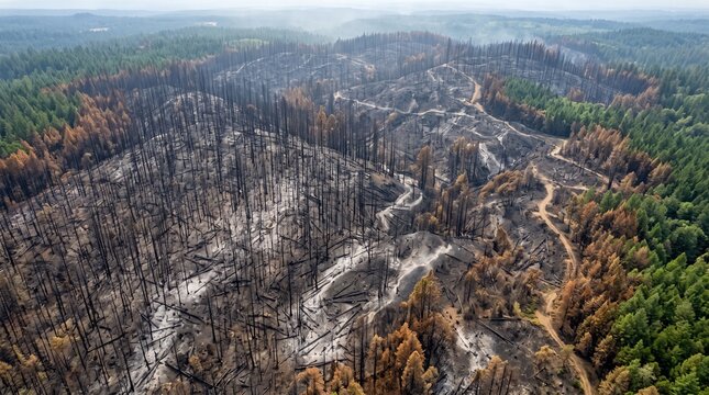 Aerial view of a vast forest devastated by wildfire, revealing blackened woodland, scorched vegetation, and patches of surviving green forest.