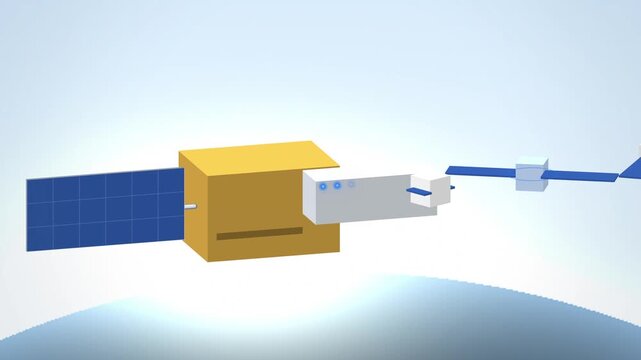 Cubesat dispenser releasing small satellites close-up looping motion