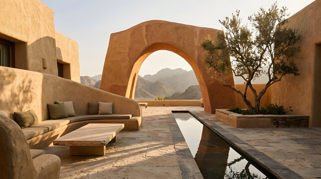 Rustic desert villa patio with traditional arched architecture and soothing water channel for luxury outdoor living and relaxing retreats.