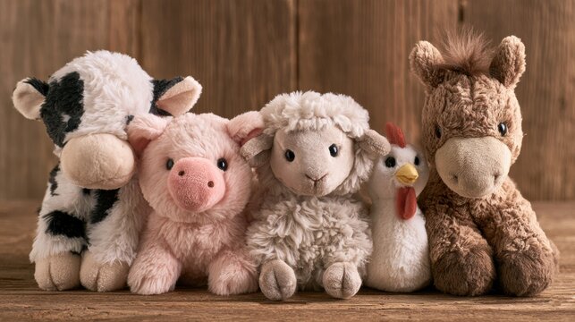 Five plush toys&mdash;a cow, pig, sheep, chicken, and horse&mdash;are showcased on a wooden surface, ideal for a farm nursery theme.