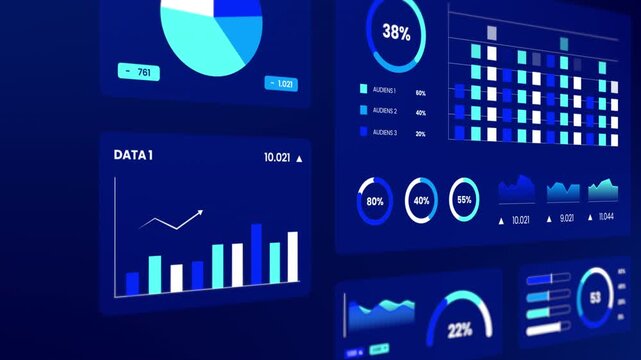 Business analytics dashboard data metrics HUD showing close up angled view of blue bar charts, pie graphs, and audience statistics.