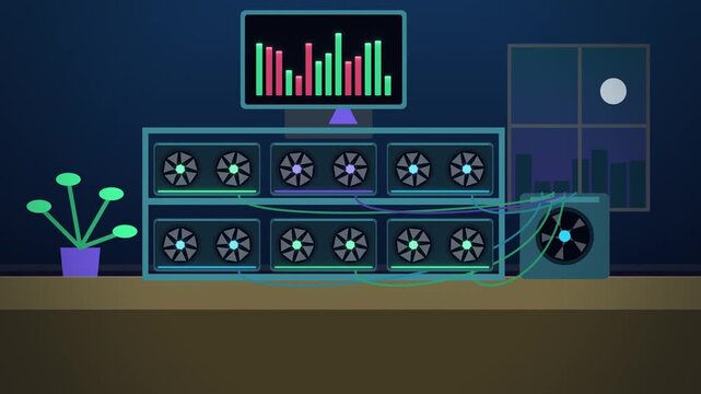Cryptocurrency mining rig graphics card with spinning fans full scene