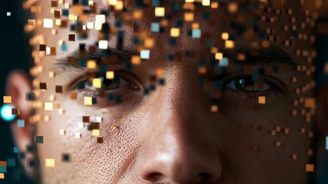 Mind breaking down into data stream, abstract pixelated portrait of a man