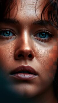 Cybernetic distortion and data corruption effect on a serious human face