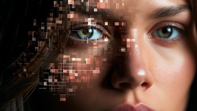 Human identity dissolution through digital pixel effect on an introspective face