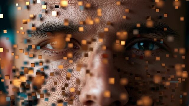 Face of an introspective man breaking down into digital pixels, cyber psychology concept